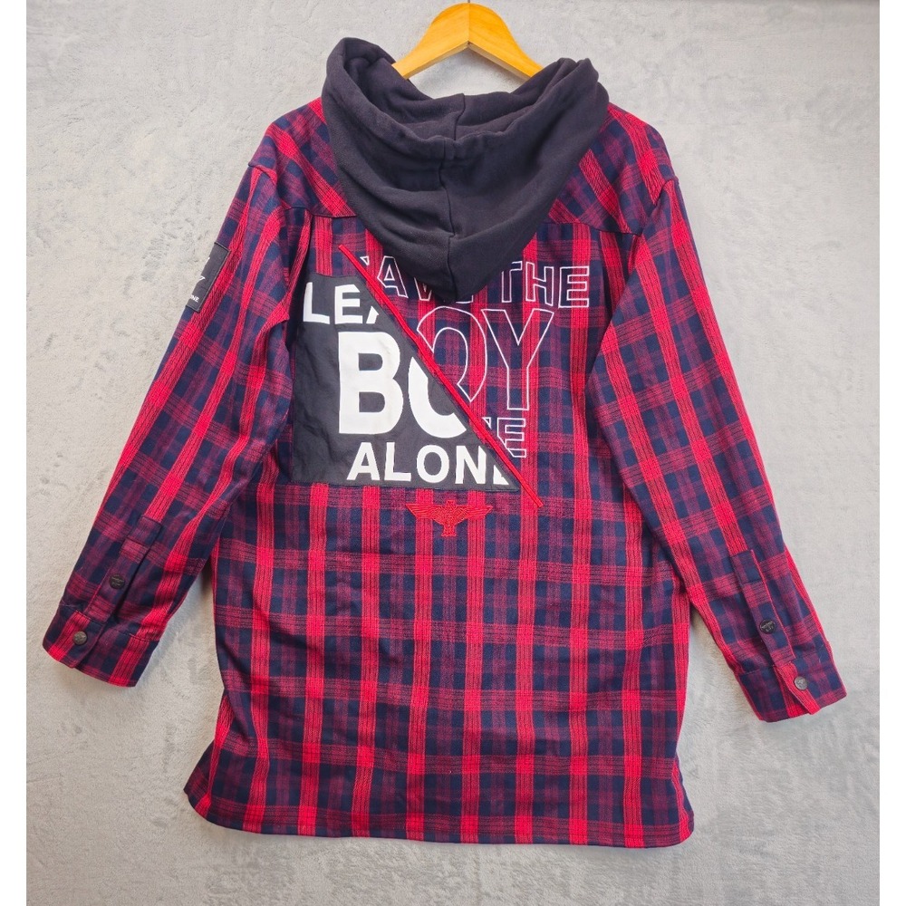 Boy London Hoodie Jacket Men's Small Red Black Plaid Flannel Snap Button Pockets